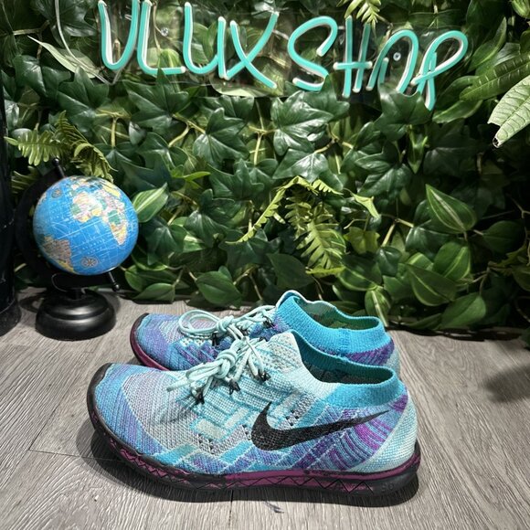 Nike Free 3.0 Flyknit Running Shoes Women 7.5 Blue Purple Black Slip On - Picture 4 of 10